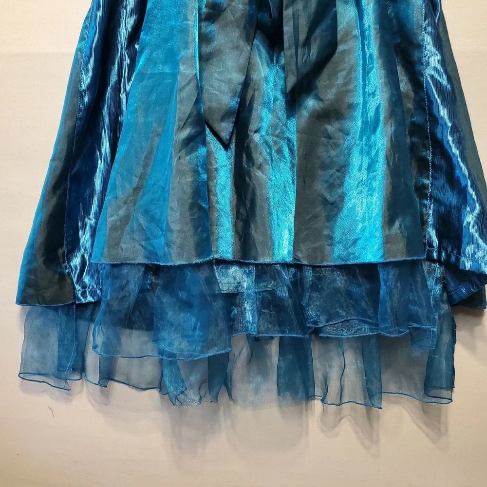 VTG Y2K Prom Dress Juniors Medium Iridescent Blue Metallic Rosette Ruffle Fairy